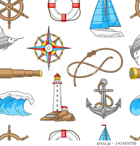Nautical symbols seamless pattern. Travel and tourism background. Retro style conceptual illustration. Nautical symbols seamless pattern. Travel and tourism background. Retro style conceptual illustration. 141489786