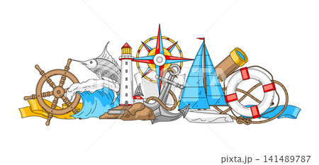 Nautical symbols design. Travel and tourism background. Retro style conceptual illustration. 141489787