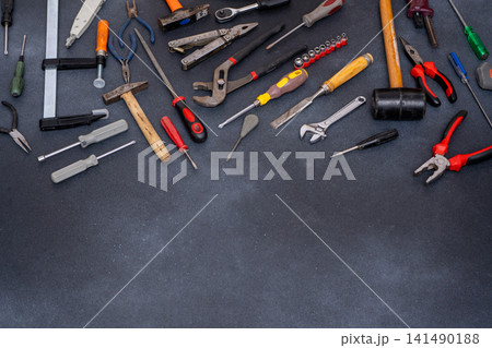 Hand Tool Background. Instruments for fixing. Work equipment set. Copy space for text Hand Tool Background. Instruments for fixing. Work equipment set. Copy space for text 141490188