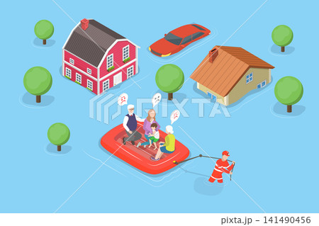 3D Isometric Flat Vector Illustration of Flood, Elderly And Child Rescued From Floodwaters Highlight Importance Of Emergency Response And Community Support 3D Isometric Flat Vector Illustration of Flood, Elderly And Child Rescued From Floodwaters Highlight Importance Of Emergency Response And Community Support 141490456