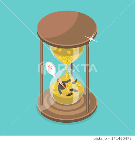 3D Isometric Flat Vector Illustration of Debts Due Date, Businessman Consumed By Sand In Hourglass. 3D Isometric Flat Vector Illustration of Debts Due Date, Businessman Consumed By Sand In Hourglass. 141490475