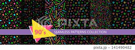 90s seamless patterns collection with colorful neon geometric shapes on black background. Retro 80s fashion memphis style seamless prints set for fabric textile wrapping paper and vector web backdrop 90s seamless patterns collection with colorful neon geometric shapes on black background. Retro 80s fashion memphis style seamless prints set for fabric textile wrapping paper and vector web backdrop 141490482
