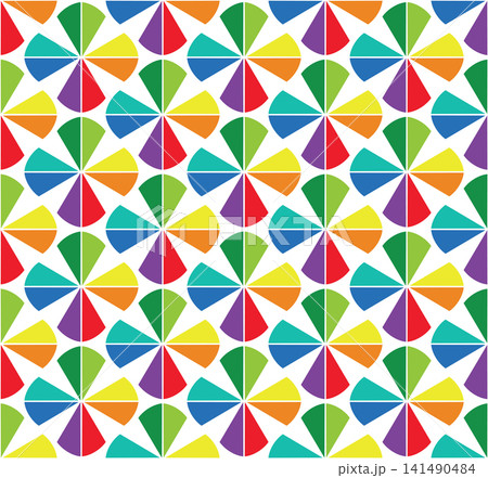 Bright colorful seamless geometric pattern with abstract pinwheel shapes. Retro 80s kaleidoscope vector background and trendy children textile print set for funny kids fabric and wrapping paper 141490484