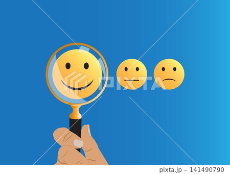 Customer satisfaction survey concept. Magnifying glass focusing on a happy smiley face among neutral and sad emoticons, showing satisfaction survey, opinion research, customer review and choice. Customer satisfaction survey concept. Magnifying glass focusing on a happy smiley face among neutral and sad emoticons, showing satisfaction survey, opinion research, customer review and choice. 141490790
