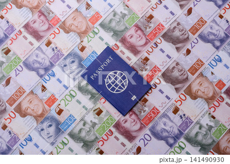 Sweden, swedish passport or id document with tickets for flight, travel. Swedish passport Sweden, swedish passport or id document with tickets for flight, travel. Swedish passport 141490930