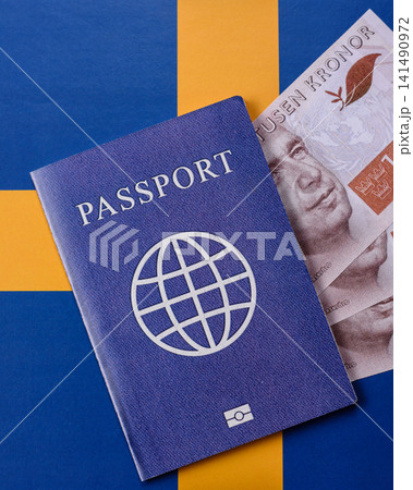Sweden, swedish passport or id document with tickets for flight, travel. Swedish passport Sweden, swedish passport or id document with tickets for flight, travel. Swedish passport 141490972