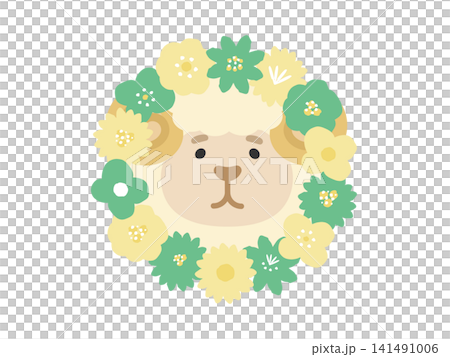Sheep and flower round frame illustration Sheep and flower round frame illustration 141491006