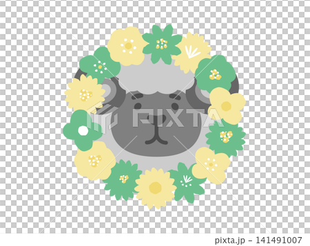 Illustration of a black sheep and a round frame with flowers. 141491007