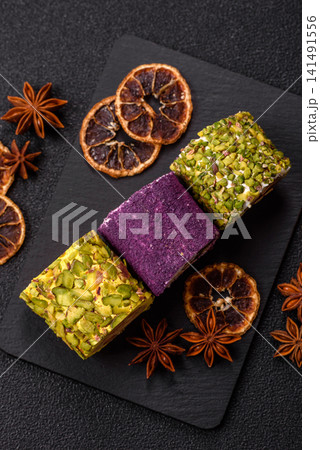 Turkish delight or lokum is a traditional Eastern sweet made with nuts. Turkish delight, lokum 141491556