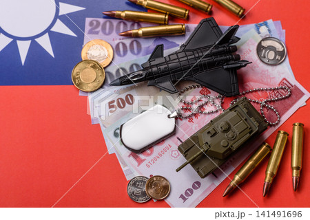 A tank, fighter, aircraft on the taiwanese flag as a conceptual background A tank, fighter, aircraft on the taiwanese flag as a conceptual background 141491696