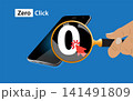 Zero-click attack concept. Magnifying glass focuses on a zero symbol and arrow above a smartphone, hidden vulnerabilities to malware and spyware attacks. 141491809