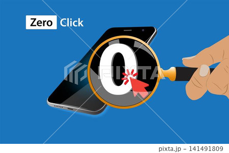 Zero-click attack concept. Magnifying glass focuses on a zero symbol and arrow above a smartphone, hidden vulnerabilities to malware and spyware attacks. 141491809