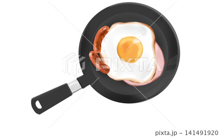 美味しそうな目玉焼きとウインナーとハムが乗ったフライパンのイラスト 美味しそうな目玉焼きとウインナーとハムが乗ったフライパンのイラスト 141491920