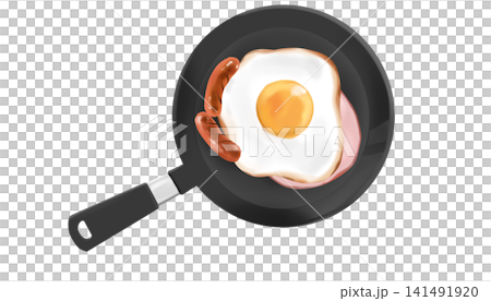 美味しそうな目玉焼きとウインナーとハムが乗ったフライパンのイラスト 美味しそうな目玉焼きとウインナーとハムが乗ったフライパンのイラスト 141491920