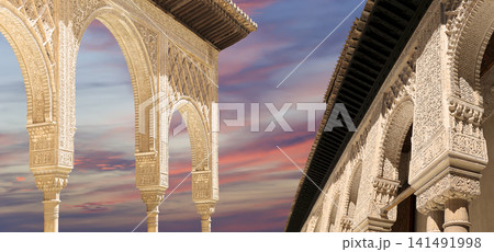 Arches in Islamic (Moorish) style (against the sunset) in Alhambra, Granada, Spain Arches in Islamic (Moorish) style (against the sunset) in Alhambra, Granada, Spain 141491998