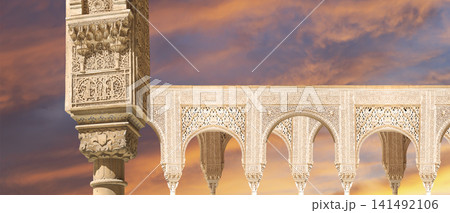 Arches in Islamic (Moorish) style (against the sunset) in Alhambra, Granada, Spain Arches in Islamic (Moorish) style (against the sunset) in Alhambra, Granada, Spain 141492106