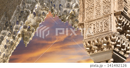 Arches in Islamic (Moorish) style (against the sunset) in Alhambra, Granada, Spain Arches in Islamic (Moorish) style (against the sunset) in Alhambra, Granada, Spain 141492126