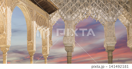 Arches in Islamic (Moorish) style (against the sunset) in Alhambra, Granada, Spain Arches in Islamic (Moorish) style (against the sunset) in Alhambra, Granada, Spain 141492181