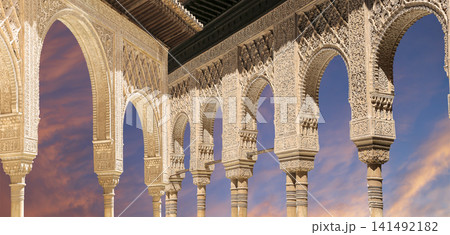 Arches in Islamic (Moorish) style (against the sunset) in Alhambra, Granada, Spain Arches in Islamic (Moorish) style (against the sunset) in Alhambra, Granada, Spain 141492182