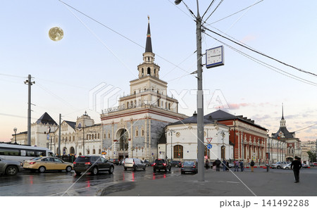 Kazansky railway terminal (Kazansky vokzal-- written in Russian) night, with the super moon -- is one of nine railway terminals in Moscow, Russia. 141492288