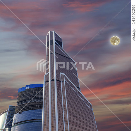 Skyscrapers International Business Center (City) at sunset with the super moon, Moscow, Russia 141492296
