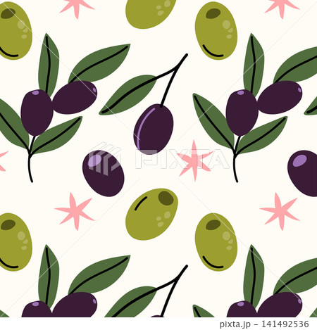 Hand Drawn Seamless Olive Pattern with Green and Black Olive Branches 141492536