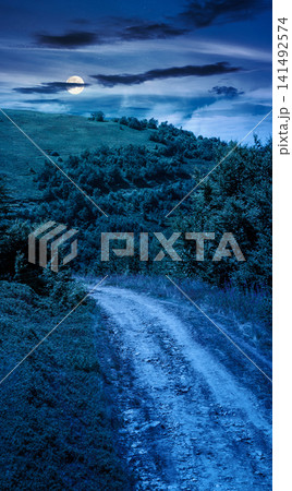 hiking path in carpathian mountains at night. full moon over alpine nature of transcarpathia in summer. ukraine mountain landscape for travel. views of borzhava ridge. mysterious fantasy hiking path in carpathian mountains at night. full moon over alpine nature of transcarpathia in summer. ukraine mountain landscape for travel. views of borzhava ridge. mysterious fantasy 141492574
