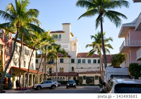 Palm Trees Framing Historic Building Complex In Coastal Town Palm Trees Framing Historic Building Complex In Coastal Town 141493681
