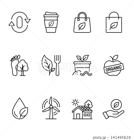 Sustainability and Eco Friendly Lifestyle Minimalist Line Icon Set Sustainability and Eco Friendly Lifestyle Minimalist Line Icon Set 141495628