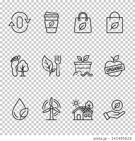 Sustainability and Eco Friendly Lifestyle Minimalist Line Icon Set Sustainability and Eco Friendly Lifestyle Minimalist Line Icon Set 141495628