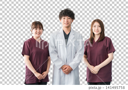 Doctors, nurses and other male and female staff wearing white coats and scrubs Doctors, nurses and other male and female staff wearing white coats and scrubs 141495758