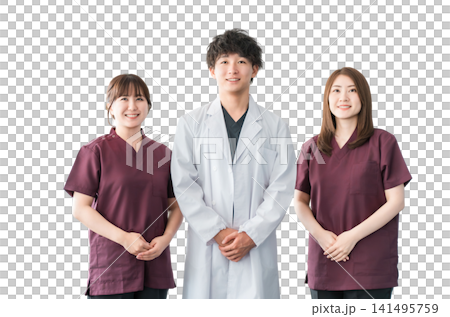Doctors, nurses and other male and female staff wearing white coats and scrubs Doctors, nurses and other male and female staff wearing white coats and scrubs 141495759