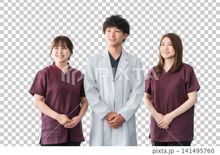 Doctors, nurses and other male and female staff wearing white coats and scrubs 141495760