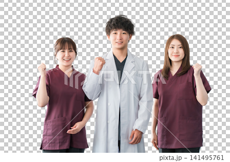 Doctors, nurses and other male and female staff wearing white coats and scrubs Doctors, nurses and other male and female staff wearing white coats and scrubs 141495761