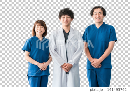 Male and female medical staff including doctors, nurses and doctors wearing white coats and scrubs Male and female medical staff including doctors, nurses and doctors wearing white coats and scrubs 141495762