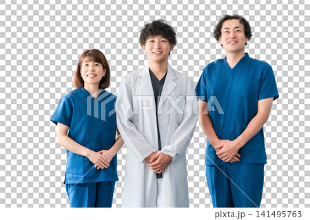 Male and female medical staff including doctors, nurses and doctors wearing white coats and scrubs Male and female medical staff including doctors, nurses and doctors wearing white coats and scrubs 141495763