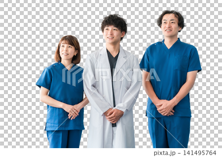 Male and female medical staff including doctors, nurses and doctors wearing white coats and scrubs Male and female medical staff including doctors, nurses and doctors wearing white coats and scrubs 141495764
