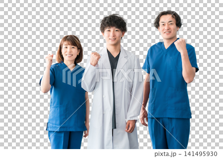 ガッツポーズをする白衣,スクラブを着た医師,看護師の男女スタッフ ガッツポーズをする白衣,スクラブを着た医師,看護師の男女スタッフ 141495930