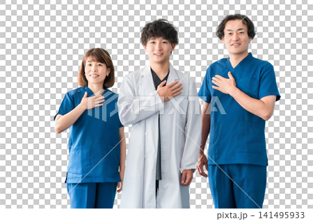 Male and female medical staff including doctors, nurses and doctors wearing white coats and scrubs Male and female medical staff including doctors, nurses and doctors wearing white coats and scrubs 141495933