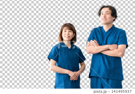 Medical workers in scrubs, medical staff, male and female doctors Medical workers in scrubs, medical staff, male and female doctors 141495937