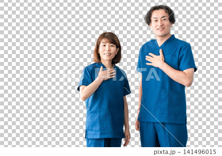 Medical workers in scrubs, medical staff, male and female doctors 141496015