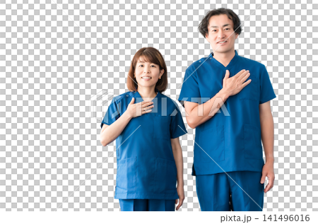 Medical workers in scrubs, medical staff, male and female doctors 141496016
