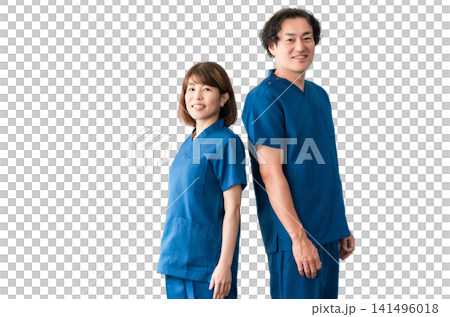 Medical workers in scrubs, medical staff, male and female doctors Medical workers in scrubs, medical staff, male and female doctors 141496018