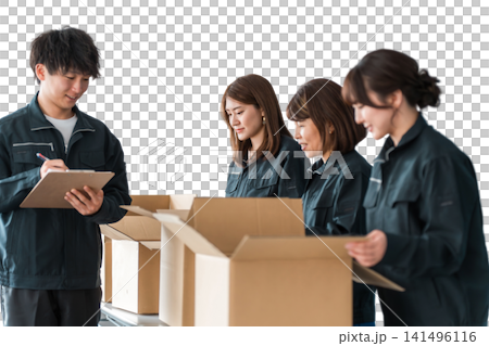 A worker of a transportation, logistics, courier, distribution, delivery, or delivery company packing packages into cardboard boxes A worker of a transportation, logistics, courier, distribution, delivery, or delivery company packing packages into cardboard boxes 141496116