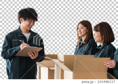 A worker of a transportation, logistics, courier, distribution, delivery, or delivery company packing packages into cardboard boxes A worker of a transportation, logistics, courier, distribution, delivery, or delivery company packing packages into cardboard boxes 141496117