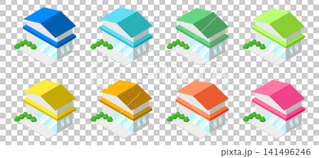 Isometric illustrations of single-story houses and shops with colorful roofs. 141496246