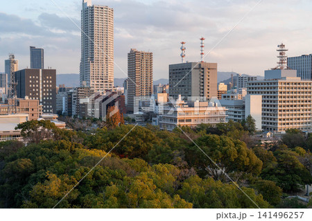 夕暮れに染まる広島市街と豊かな緑の都市風景 141496257
