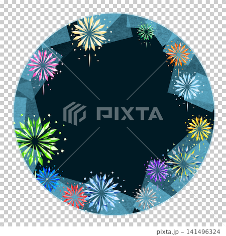Circular frame material featuring a night sky and colorful fireworks Circular frame material featuring a night sky and colorful fireworks 141496324