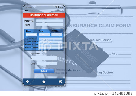 Blank electronic insurance claim form on smartphone transparent screen. Blank electronic insurance claim form on smartphone transparent screen. 141496393