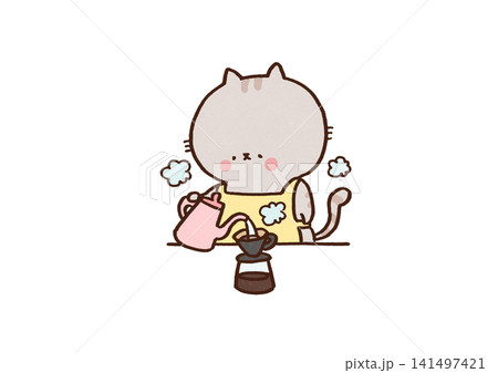 ケトルでコーヒードリッパーにお湯を注ぐエプロン姿の猫(カフェ) ケトルでコーヒードリッパーにお湯を注ぐエプロン姿の猫(カフェ) 141497421